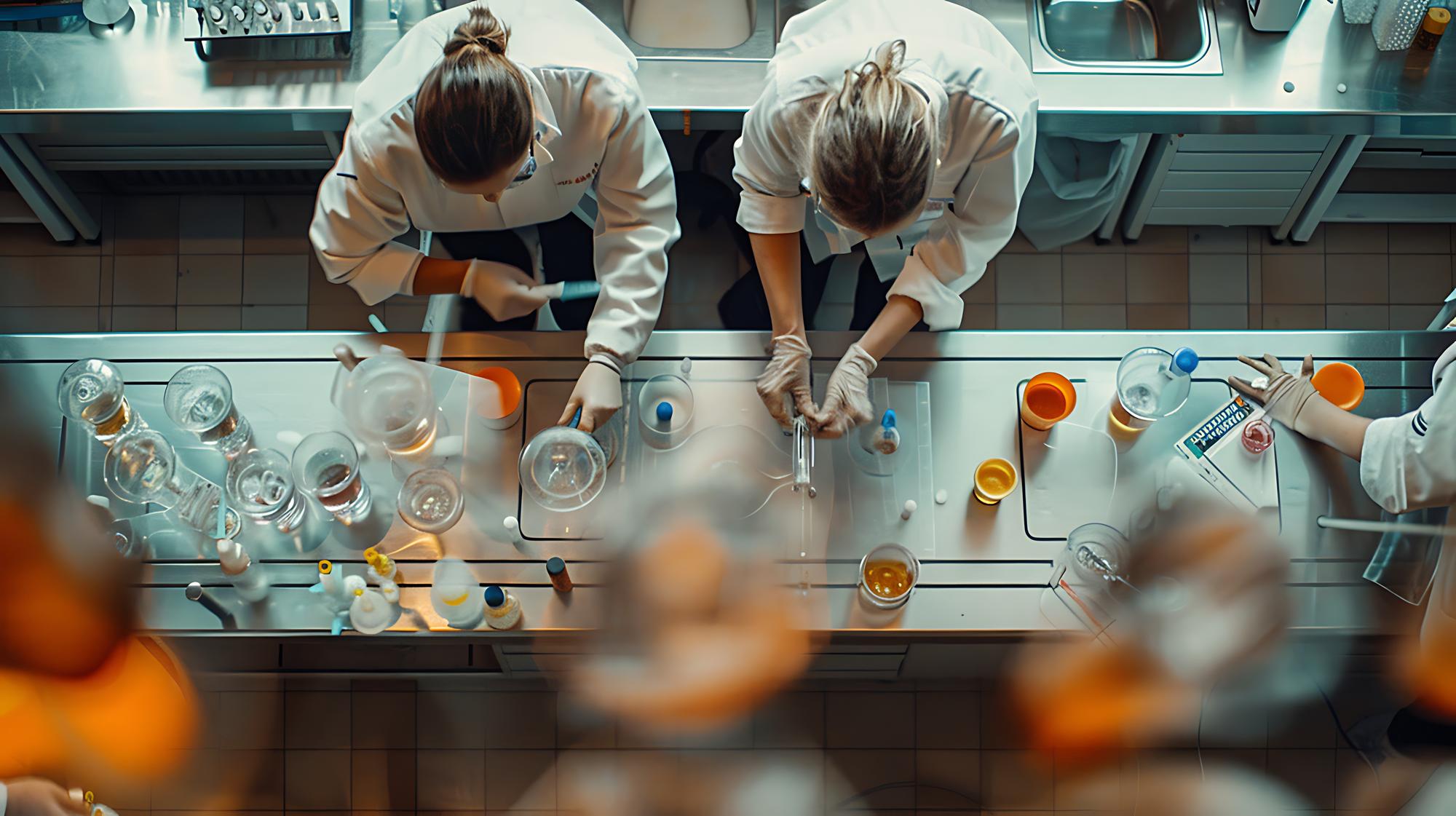Test kitchen bench with chefs